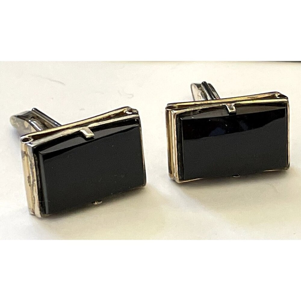 MCM Sterling Silver & Black Stone Cufflinks Signed S In Pentagon